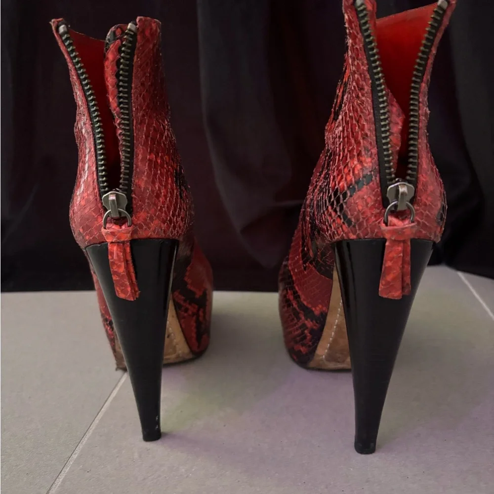 Red Snake Print High Heel Ankle Boots - Picture 2 of 10